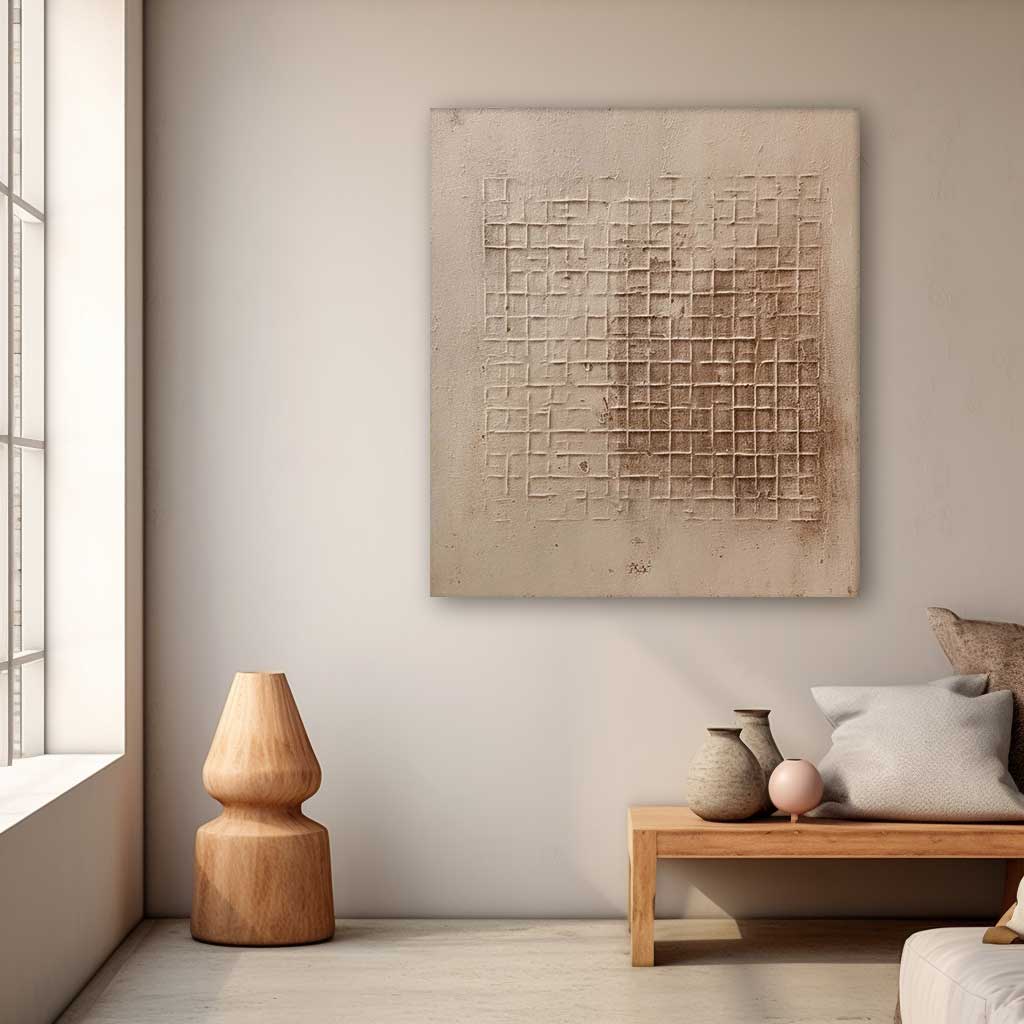 Wabi Sabi Grid - Textured Tile Wall Art in Beige Minimalist Style