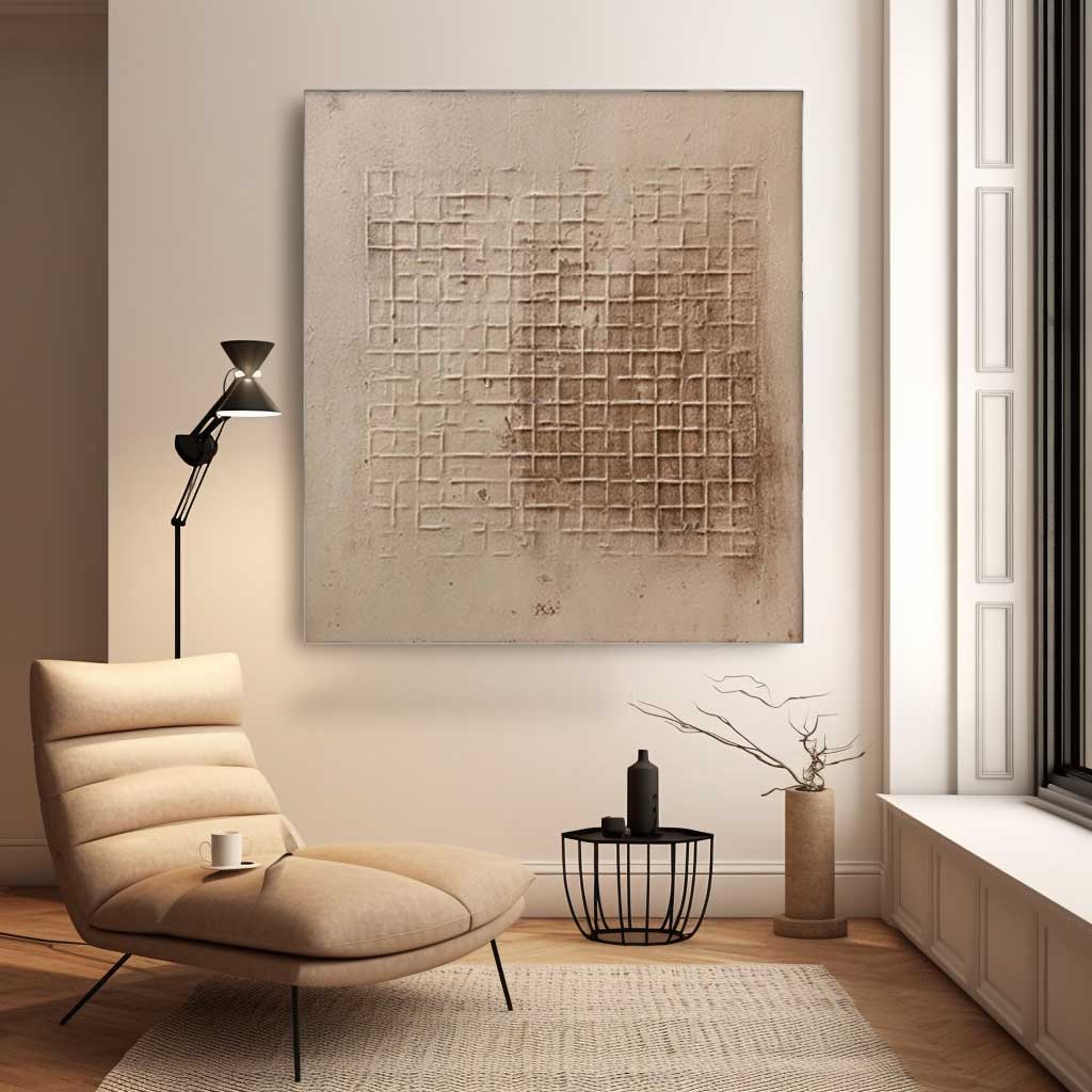 Wabi Sabi Grid - Textured Tile Wall Art in Beige Minimalist Style