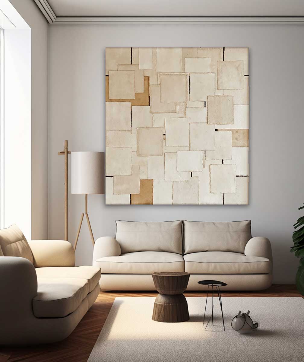 Woven Grid - Beige Minimalist Fabric Wall Art in Wabi Sabi Style