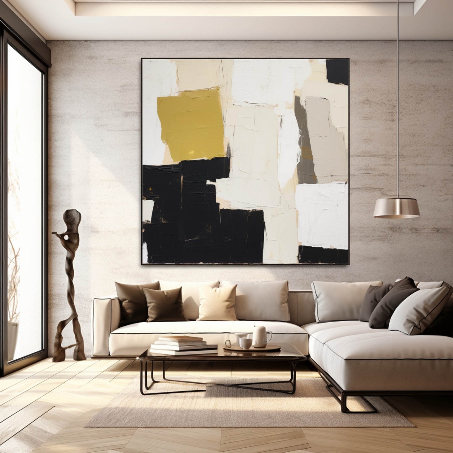 Textured Neutral Forms - Modern Beige Abstract Art with Black and Yellow