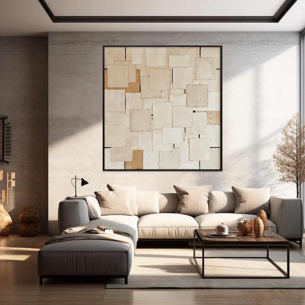 Woven Grid - Beige Minimalist Fabric Wall Art in Wabi Sabi Style