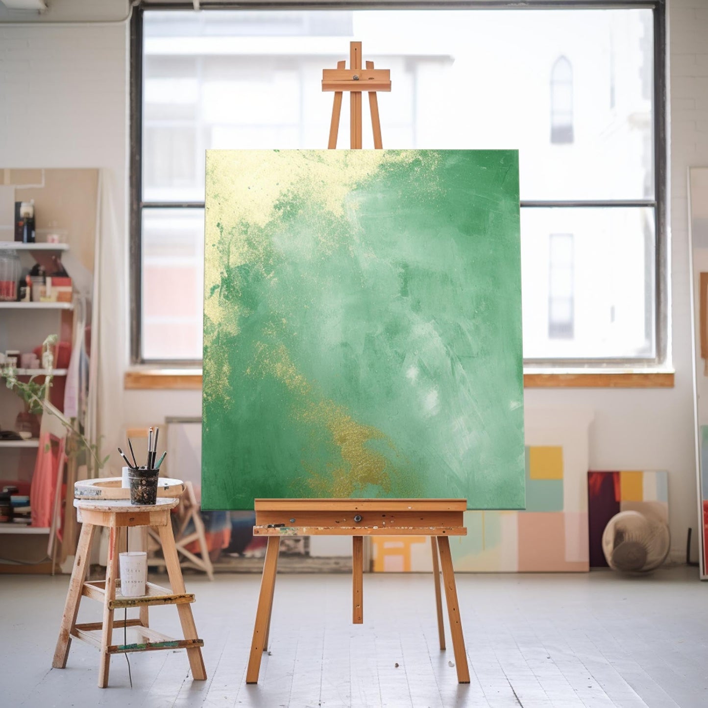 Emerald Haze - Sage Green and Gold Abstract Wall Art on Canvas