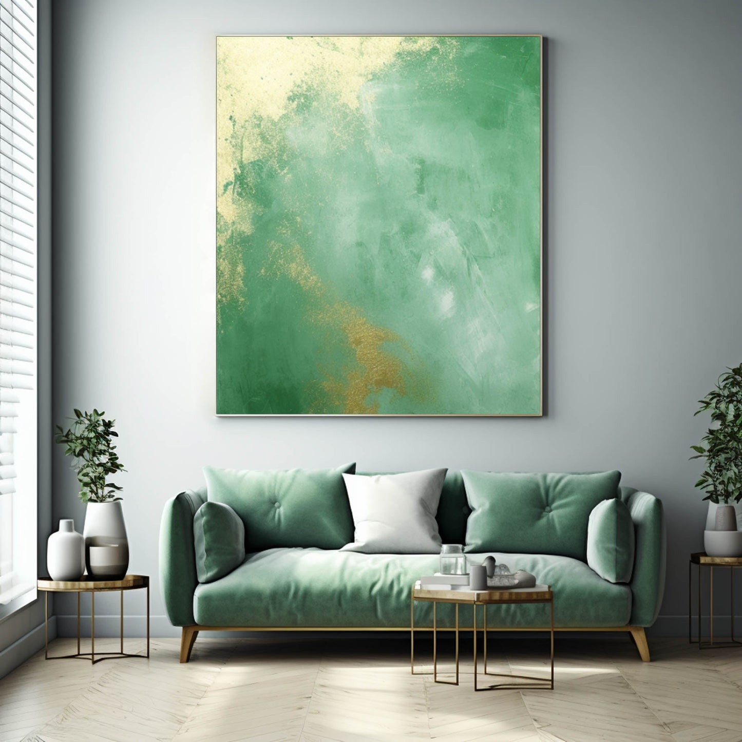 Emerald Haze - Sage Green and Gold Abstract Wall Art on Canvas