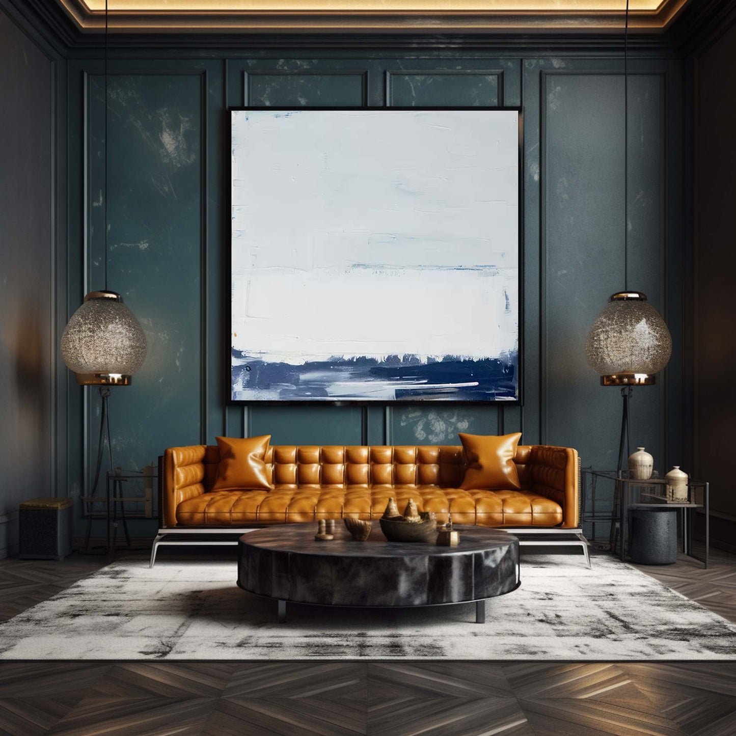 Horizon Study - Textured Abstract Art White and Blue Seascape