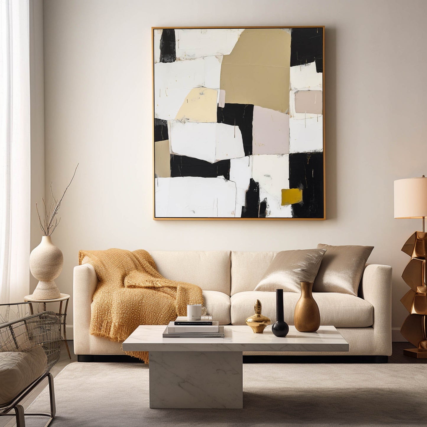 Urban Grid - Textured Neutral Abstract Painting with Black and Yellow