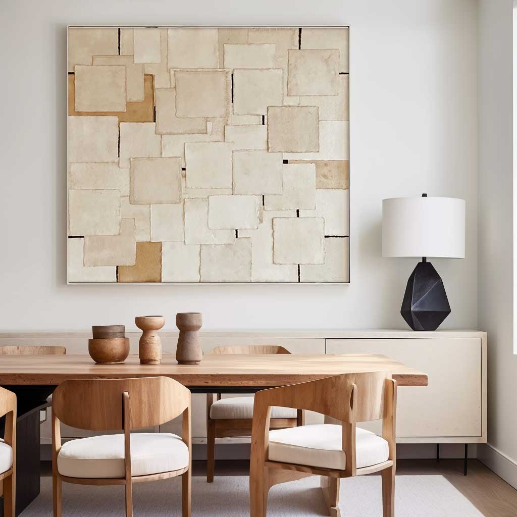 Woven Grid - Beige Minimalist Fabric Wall Art in Wabi Sabi Style