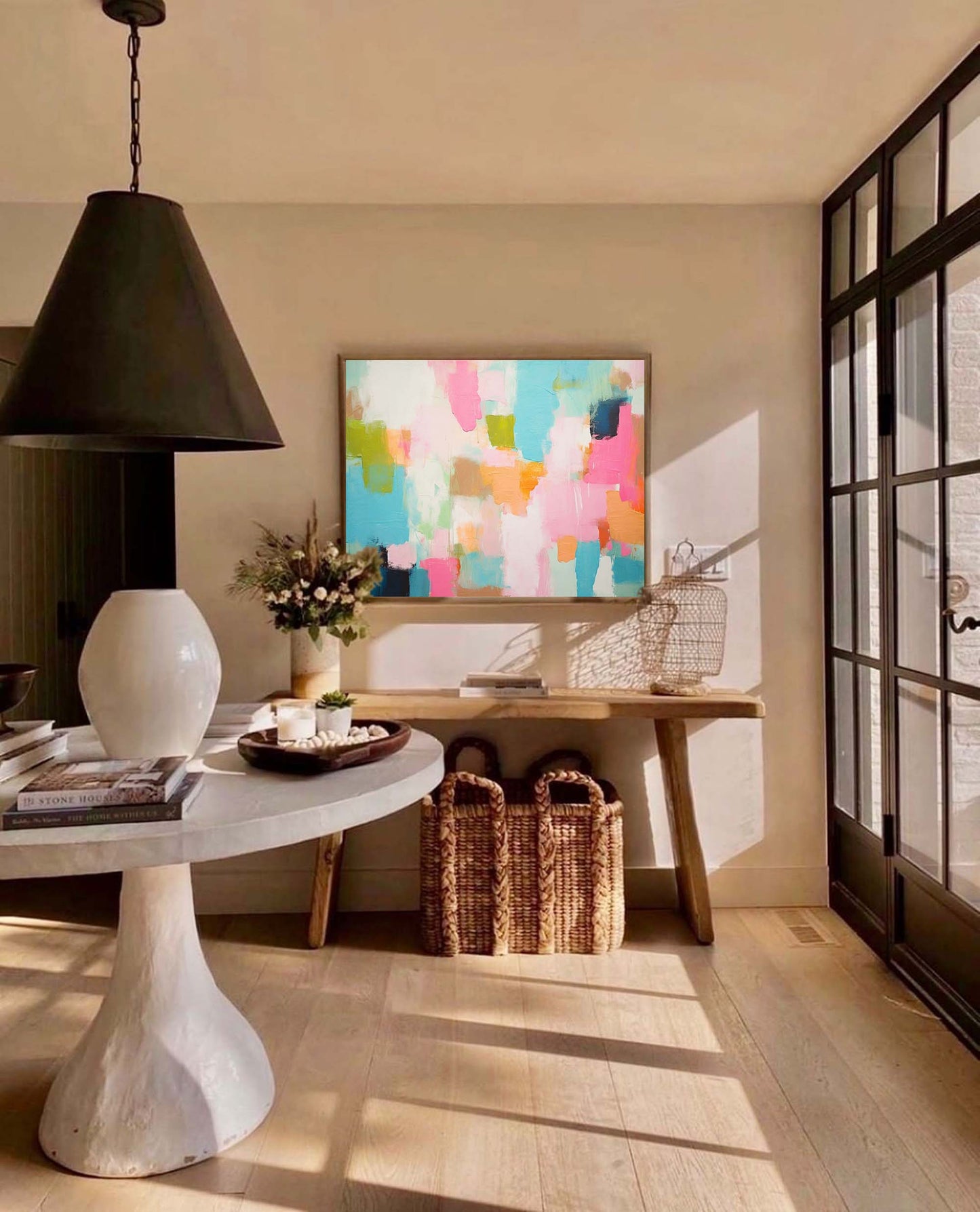 Spring Daydream - Contemporary Pink and Green Wall Art, Multicolor Textured Painting