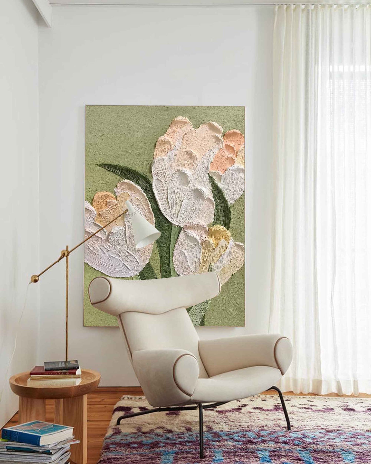 Sage Garden - Green and Peach Sculptural Wall Art, Impasto Floral Painting