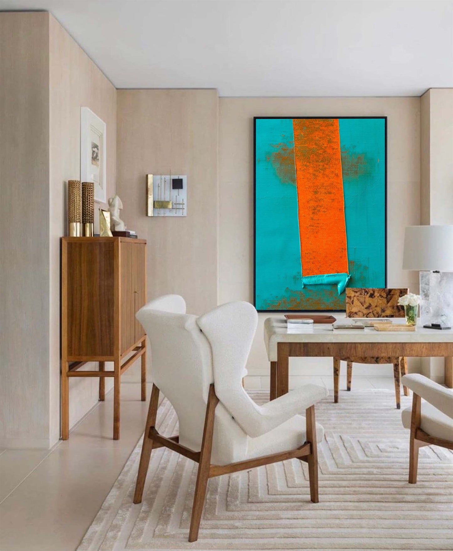 Bold Stripe - Minimalist Teal Orange Wall Art with Heavy Texture