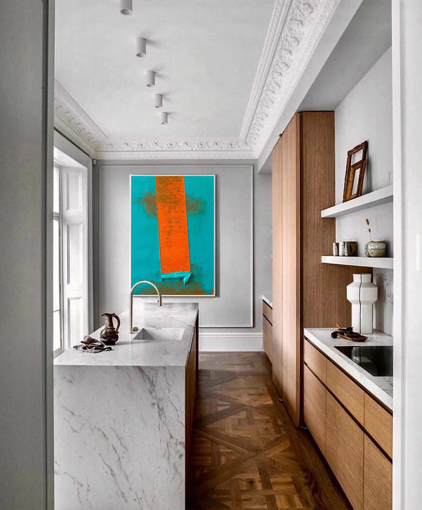 Bold Stripe - Minimalist Teal Orange Wall Art with Heavy Texture