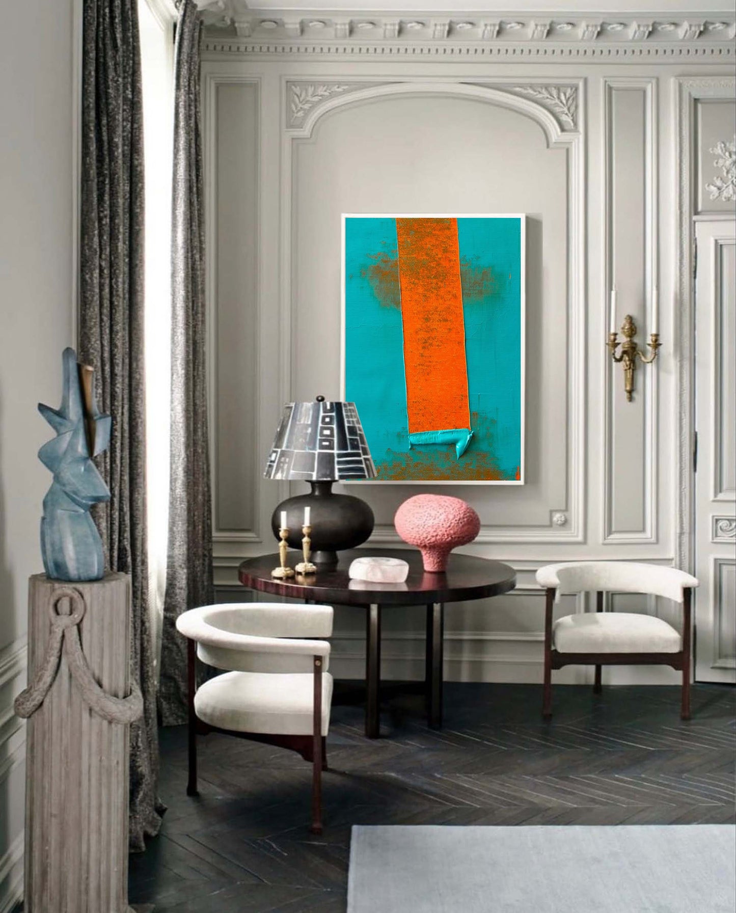 Bold Stripe - Minimalist Teal Orange Wall Art with Heavy Texture