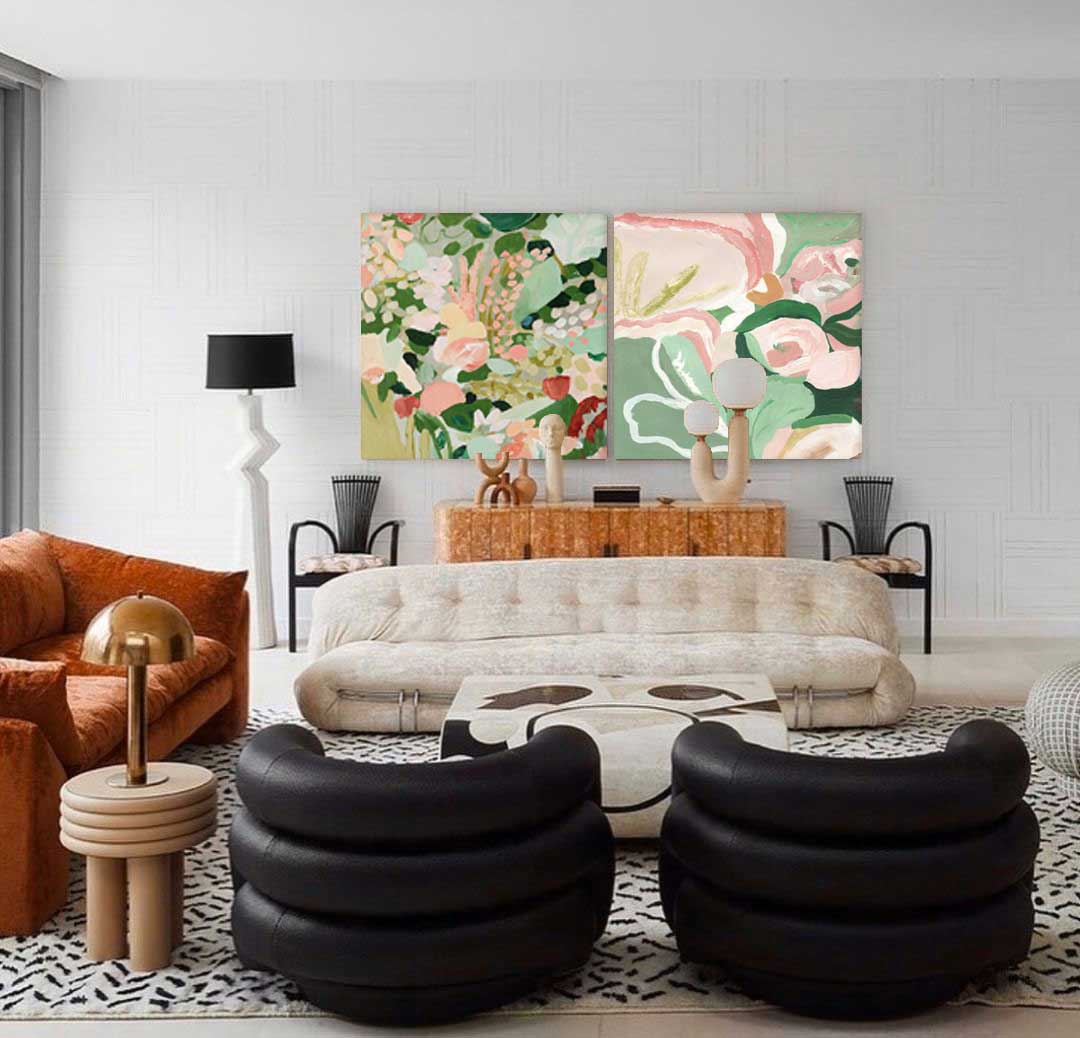 Garden in Bloom - Pink and Green Floral Canvas Wall Art Diptych