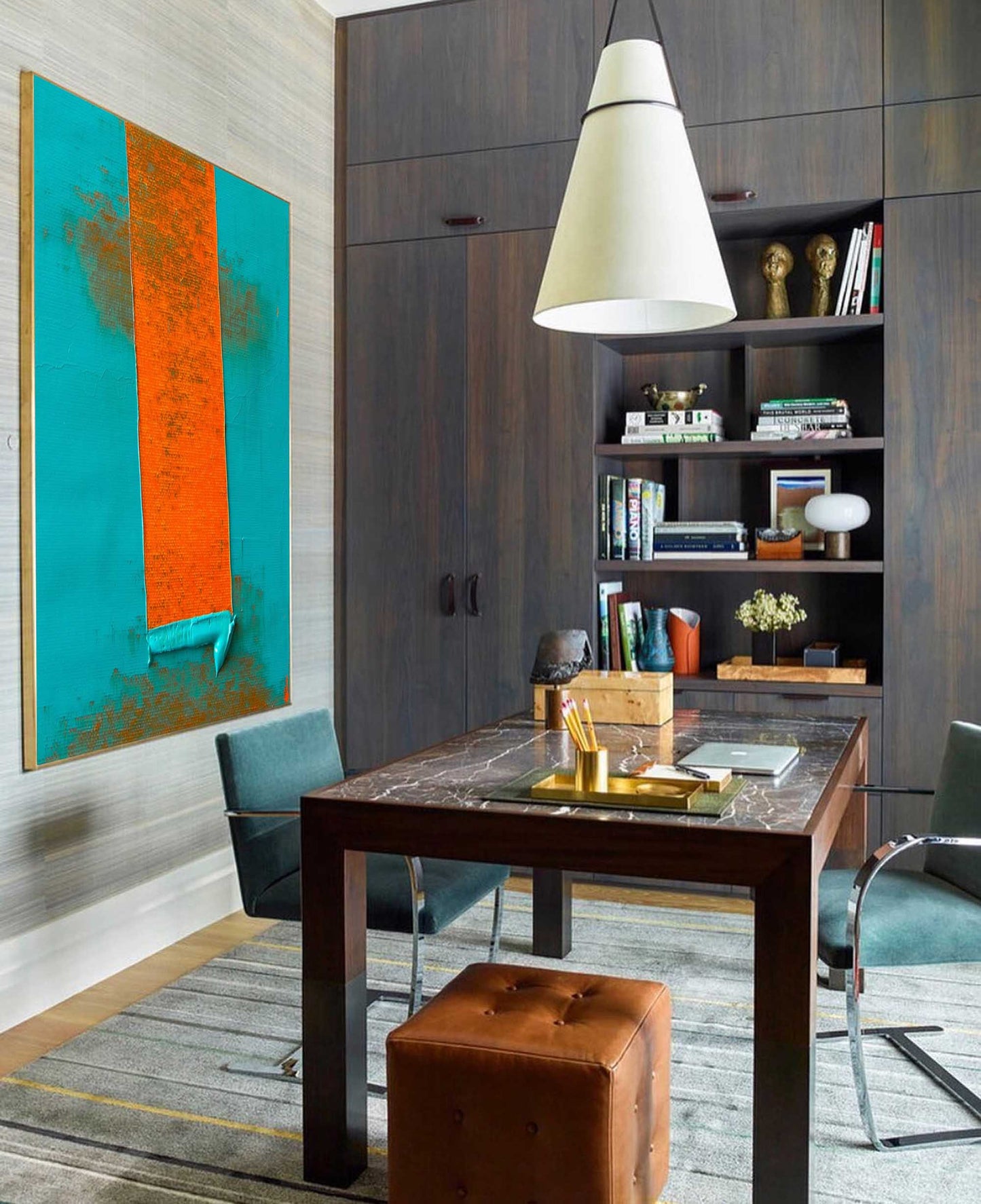 Bold Stripe - Minimalist Teal Orange Wall Art with Heavy Texture