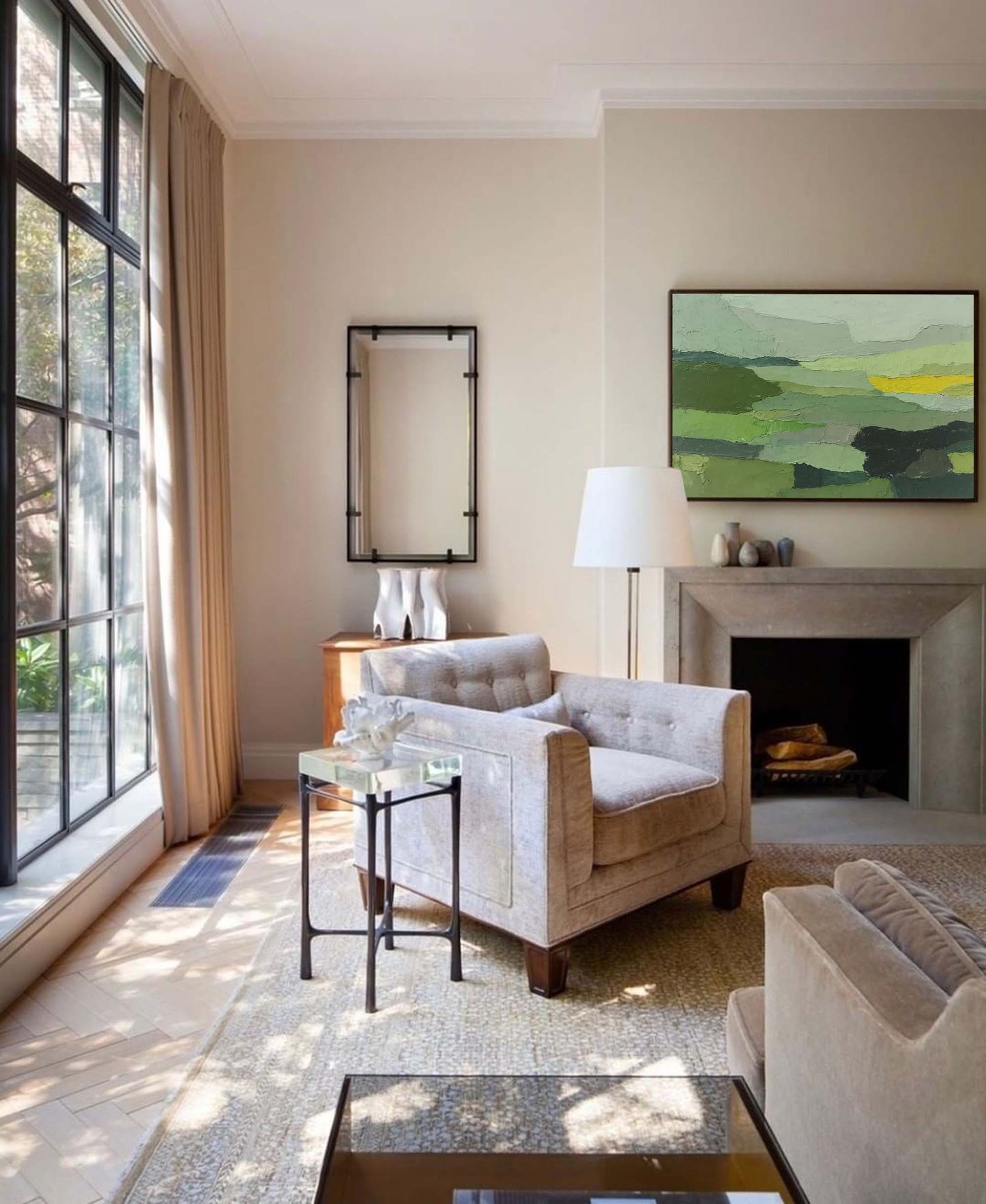 Rolling Fields - Textured Abstract Landscape Painting in Earthy Greens