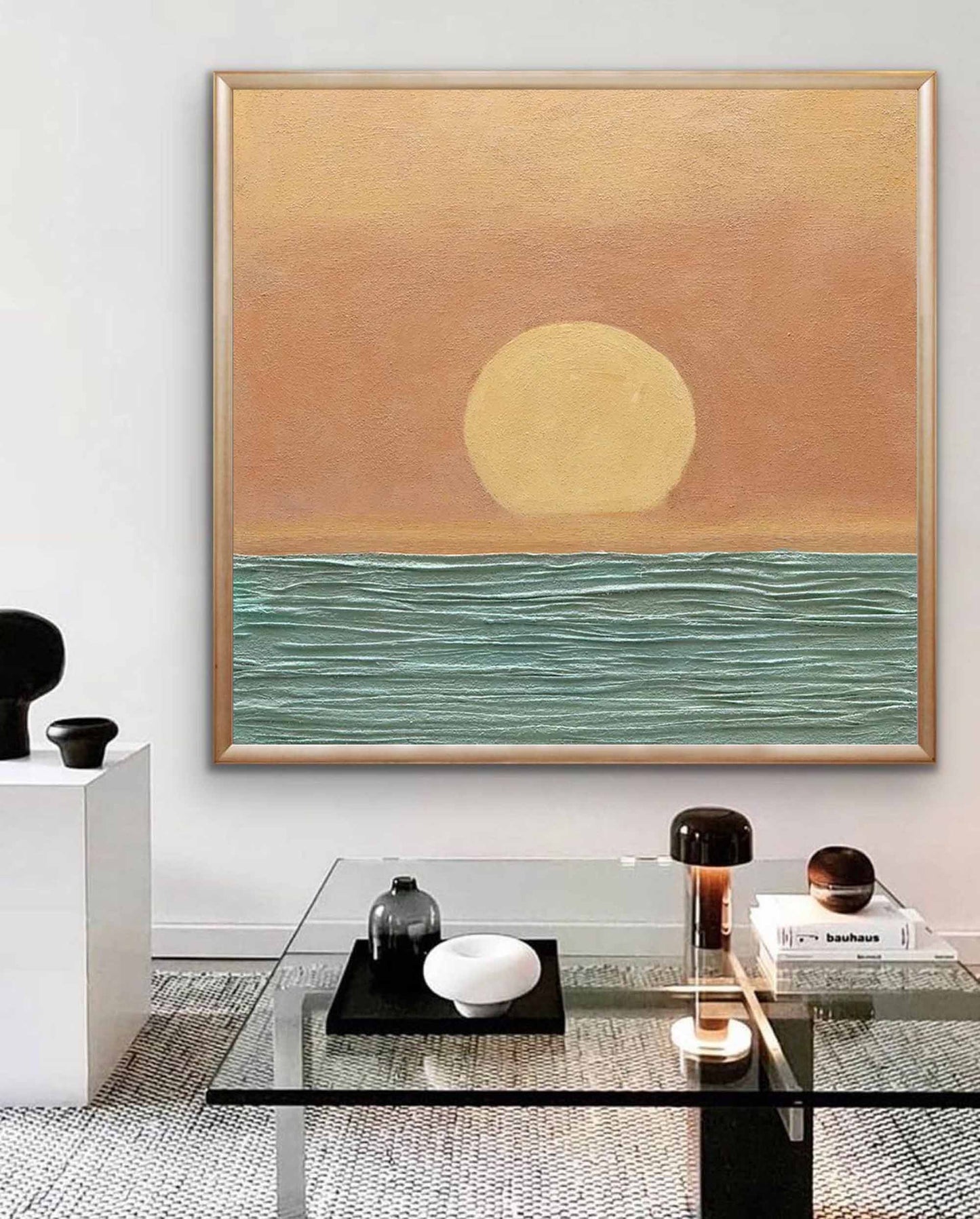 Golden Sun - Minimalist Sunset Painting Abstract, Textured Ocean Wall Art