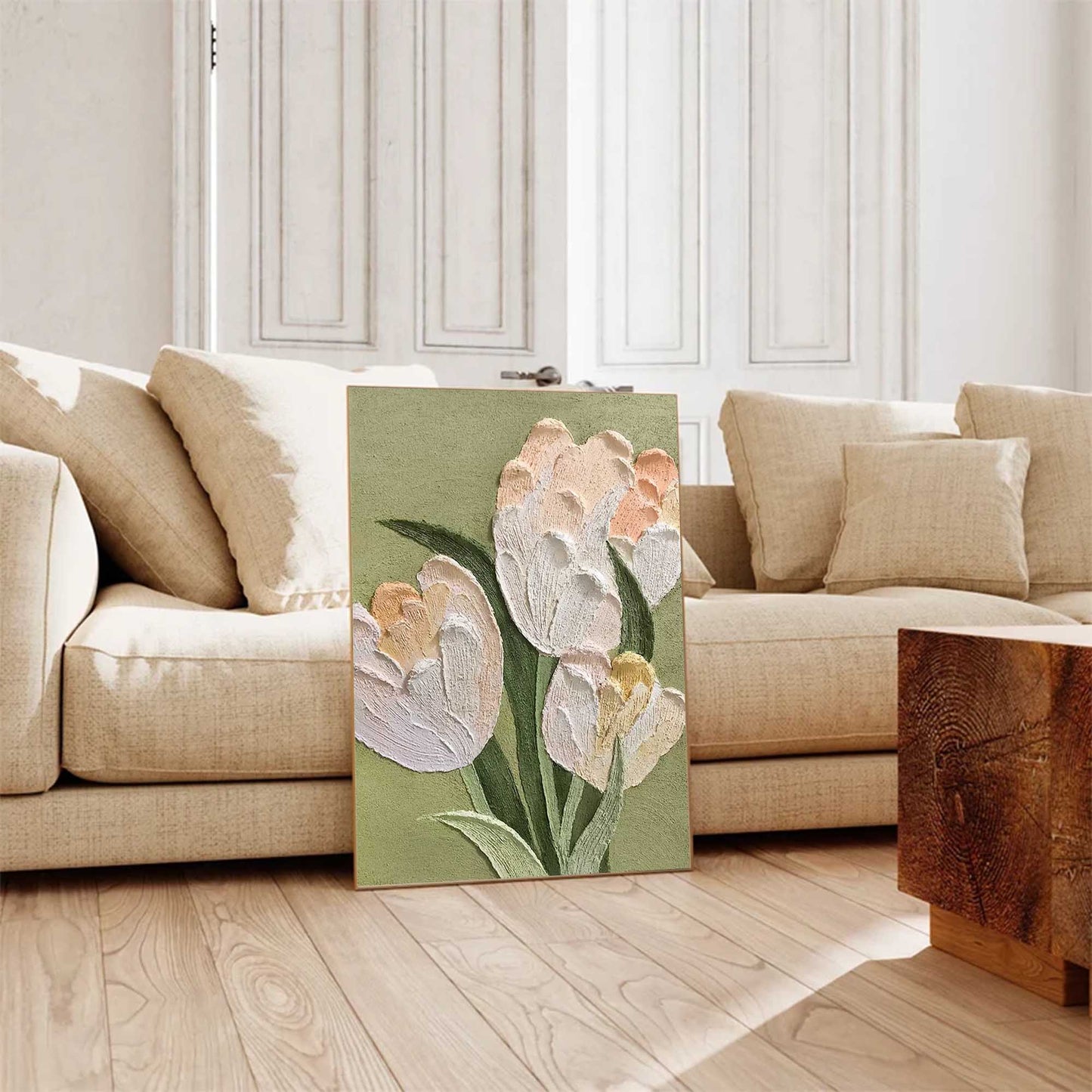 Sage Garden - Green and Peach Sculptural Wall Art, Impasto Floral Painting
