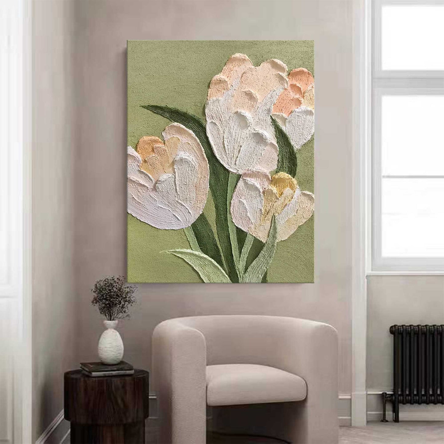 Sage Garden - Green and Peach Sculptural Wall Art, Impasto Floral Painting