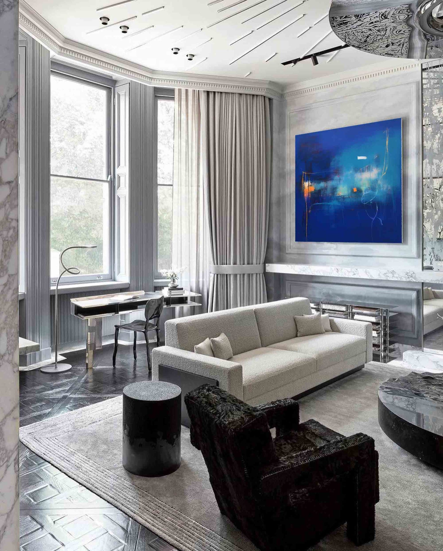 Cosmic Depths - Contemporary Blue Art Canvas with Orange Accents