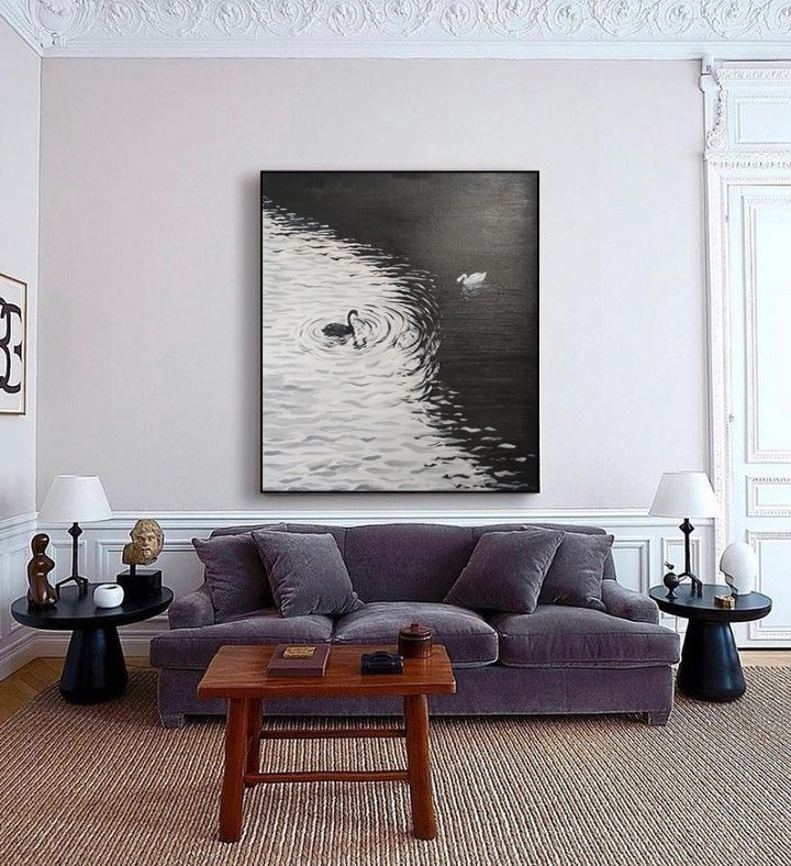 Duality - Black and White Art Paintings of Swans on Water