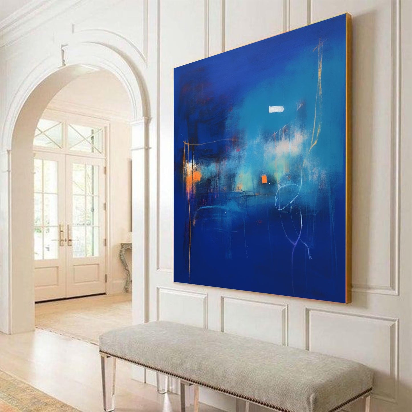 Cosmic Depths - Contemporary Blue Art Canvas with Orange Accents