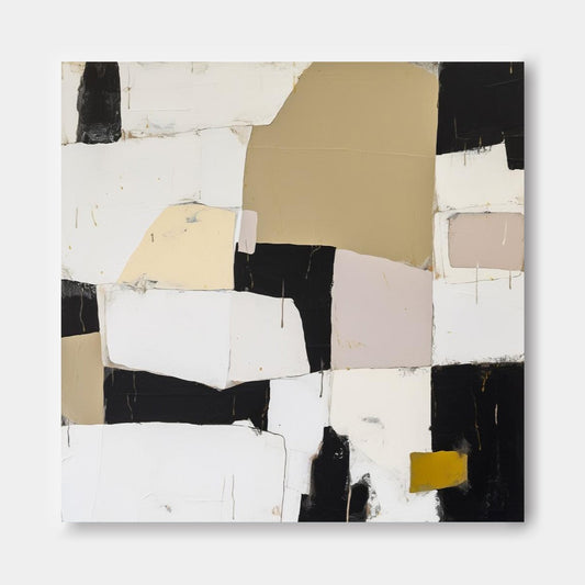 Urban Grid - Textured Neutral Abstract Painting with Black and Yellow