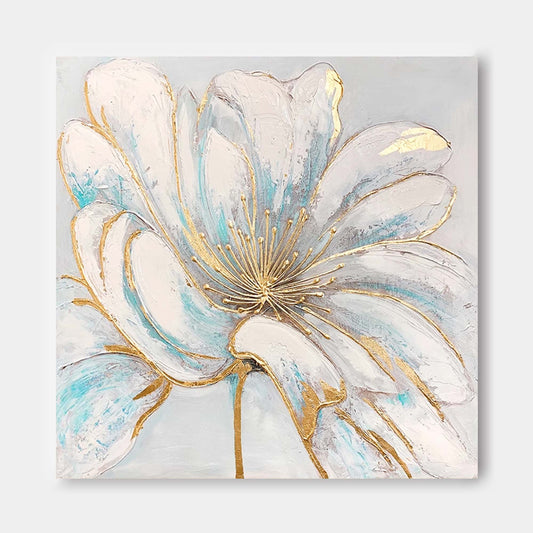 Gilded Bloom - Elegant White Gold Wall Art, Modern Floral Painting