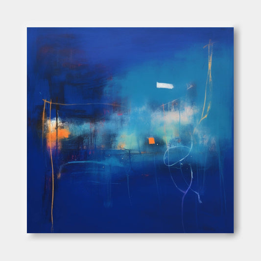 Cosmic Depths - Contemporary Blue Art Canvas with Orange Accents