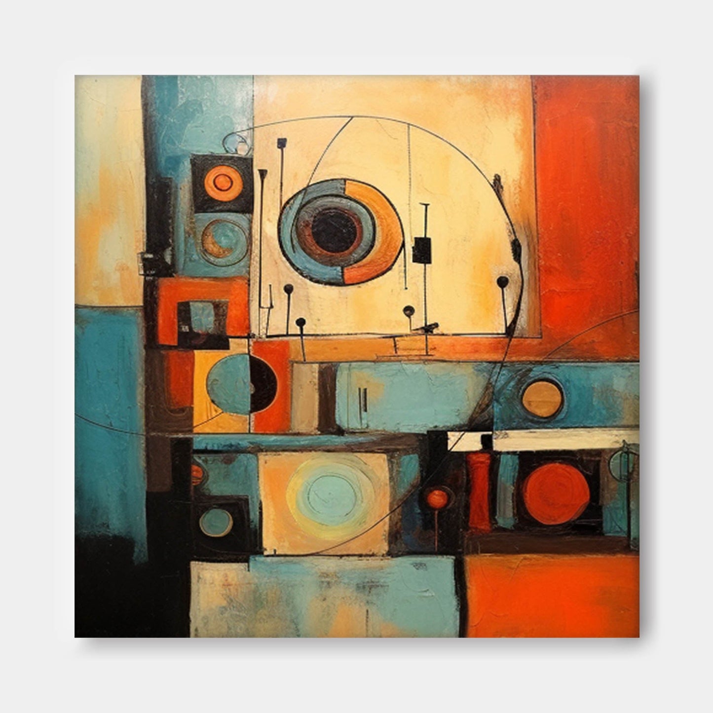 Retro Schematic - Teal and Orange Art Deco Abstract Painting