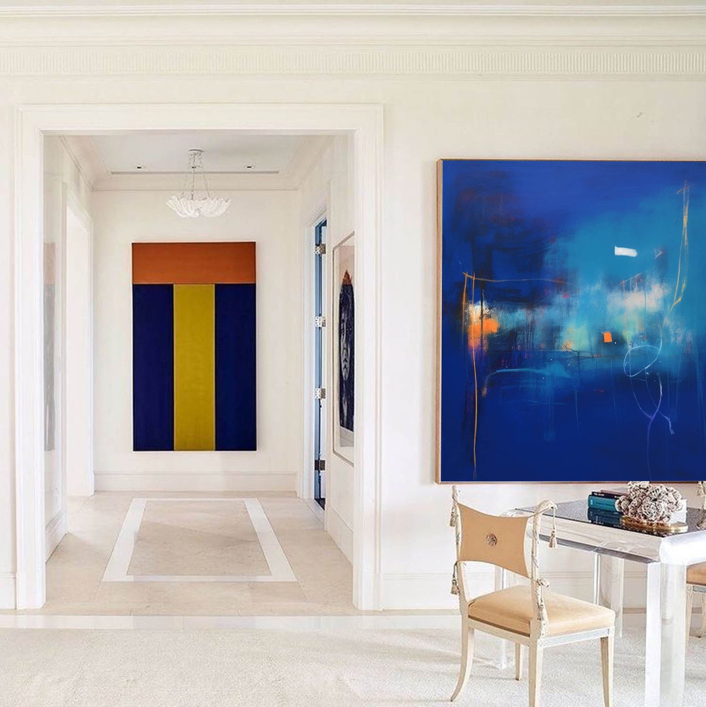 Cosmic Depths - Contemporary Blue Art Canvas with Orange Accents