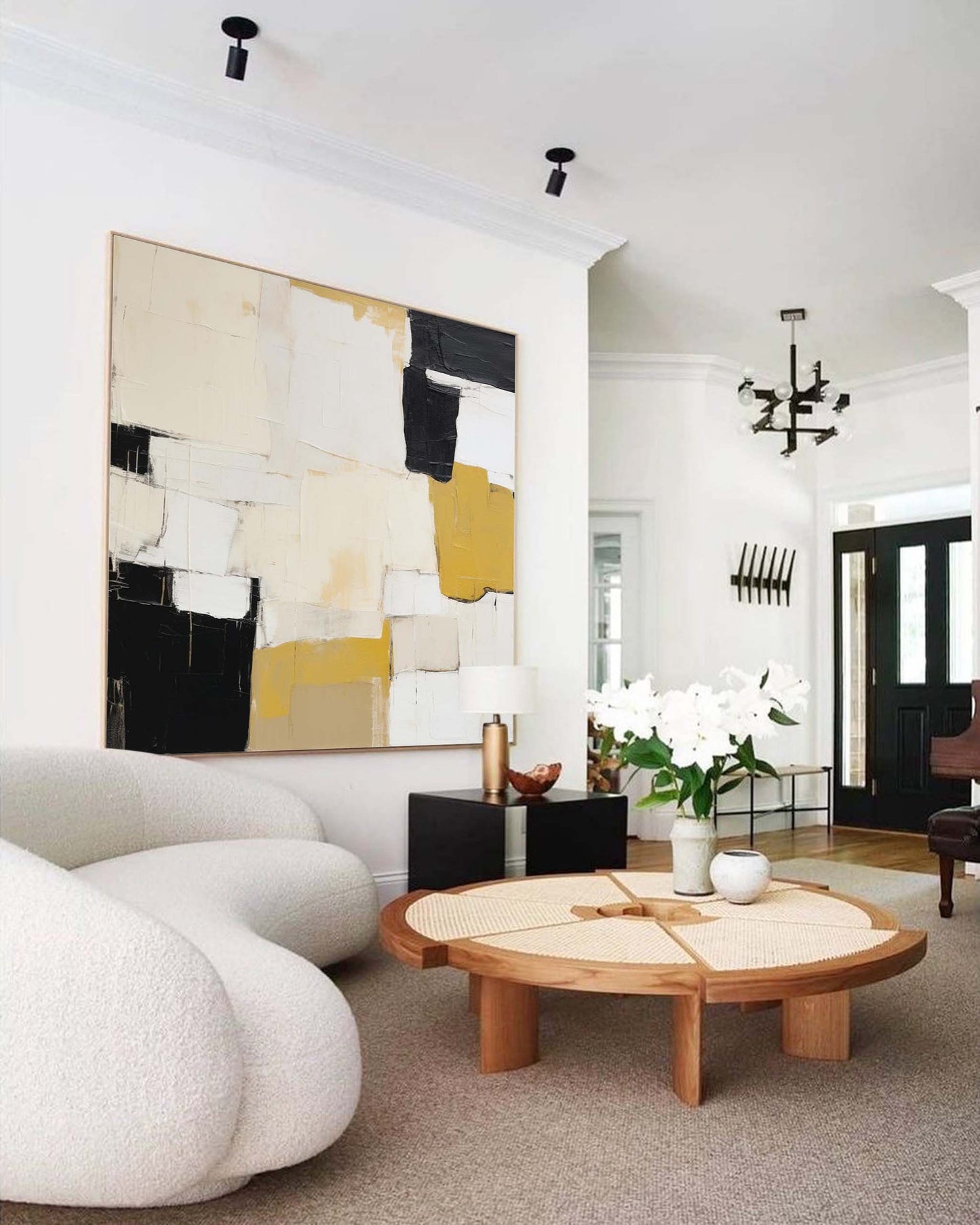 Structure in Ochre - Textured Black White Painting Abstract