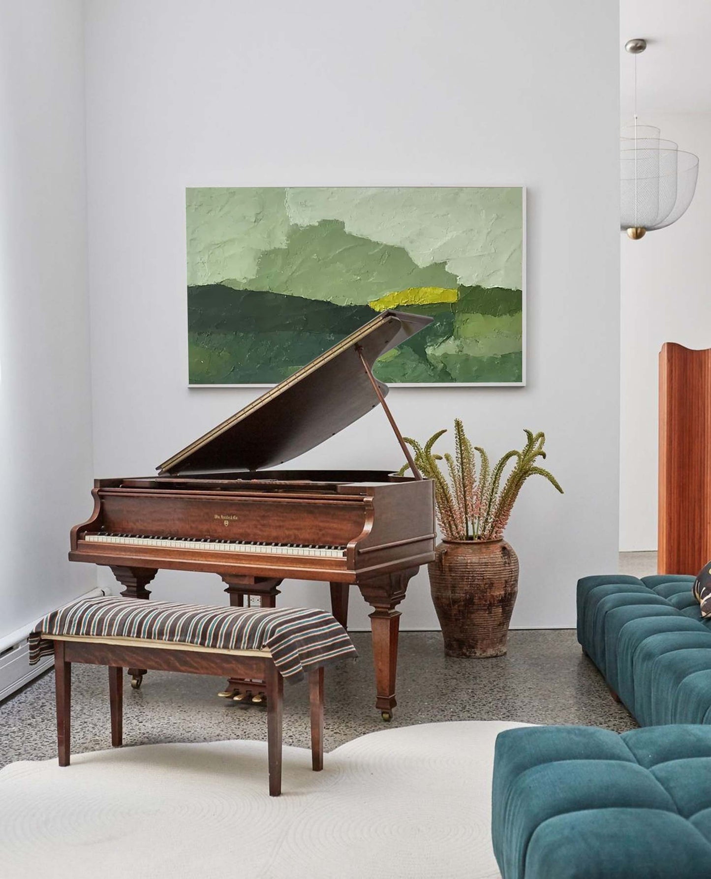 Verdant Hills - Minimalist Landscape Art, Textured Green Abstract Canvas