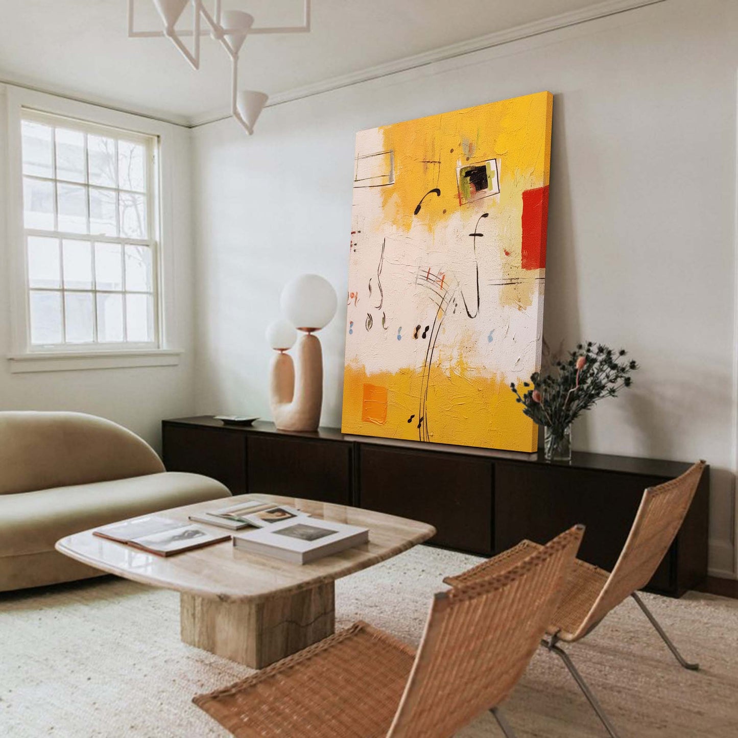 Musical Score - Abstract Painting Minimalist, Yellow and Red Art