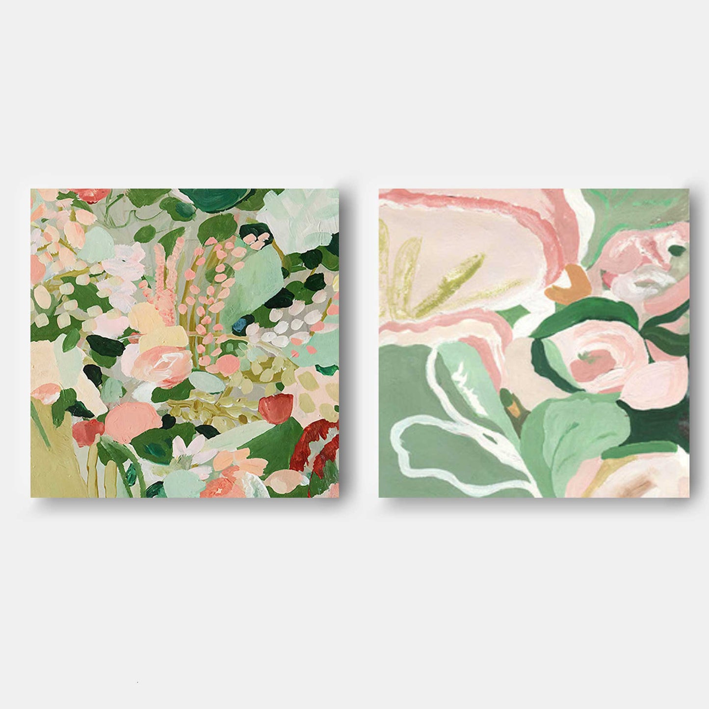 Garden in Bloom - Pink and Green Floral Canvas Wall Art Diptych