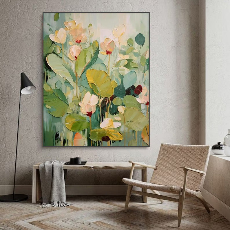 Serene Water Garden - Textured Lotus Flower Canvas Painting