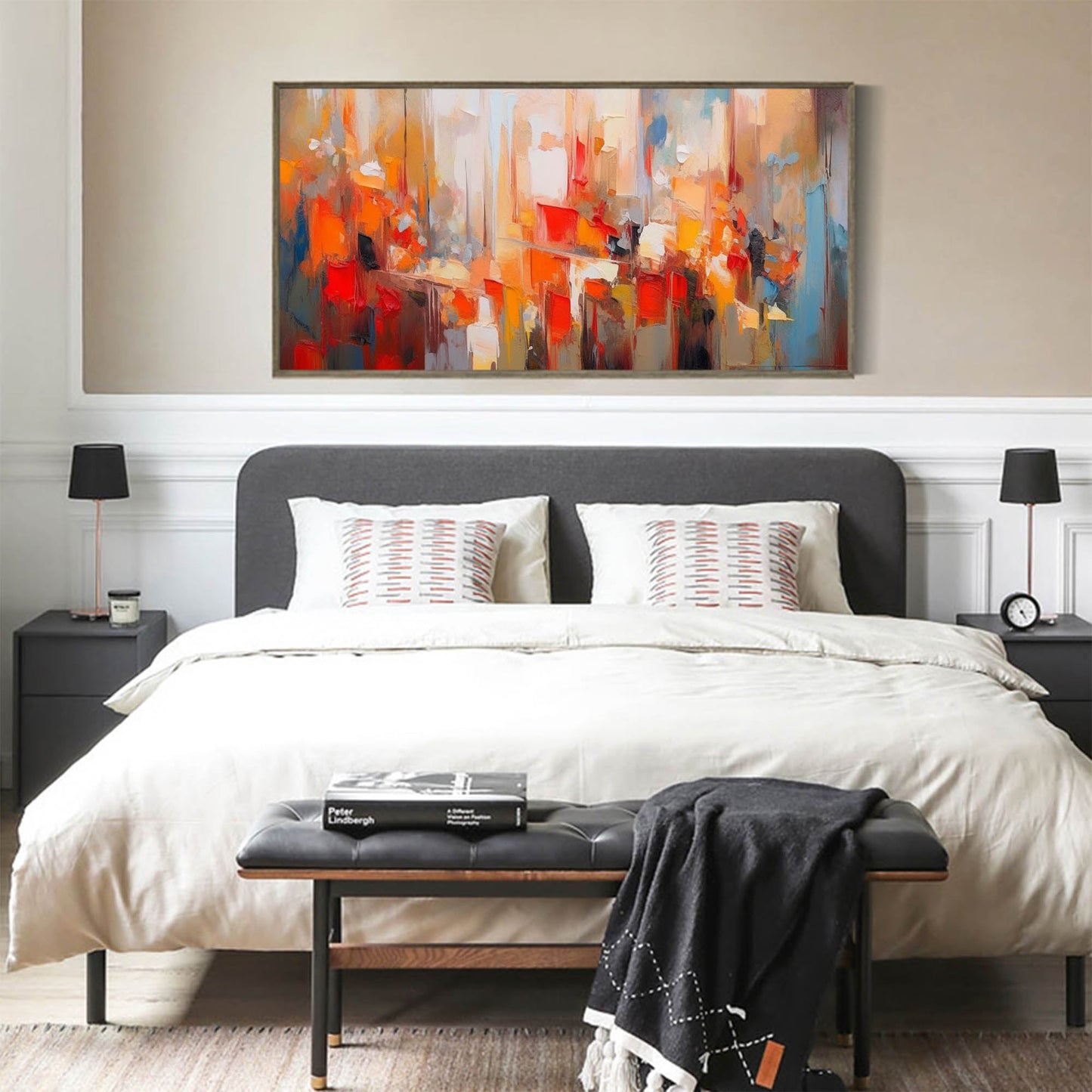 Urban Glow - Abstract Cityscape Oil Painting, Large Horizontal Art