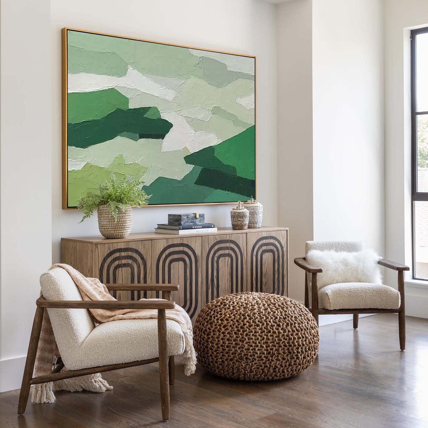 Emerald Hills - Serene Landscape Art Abstract, Textured Green Mountain Painting