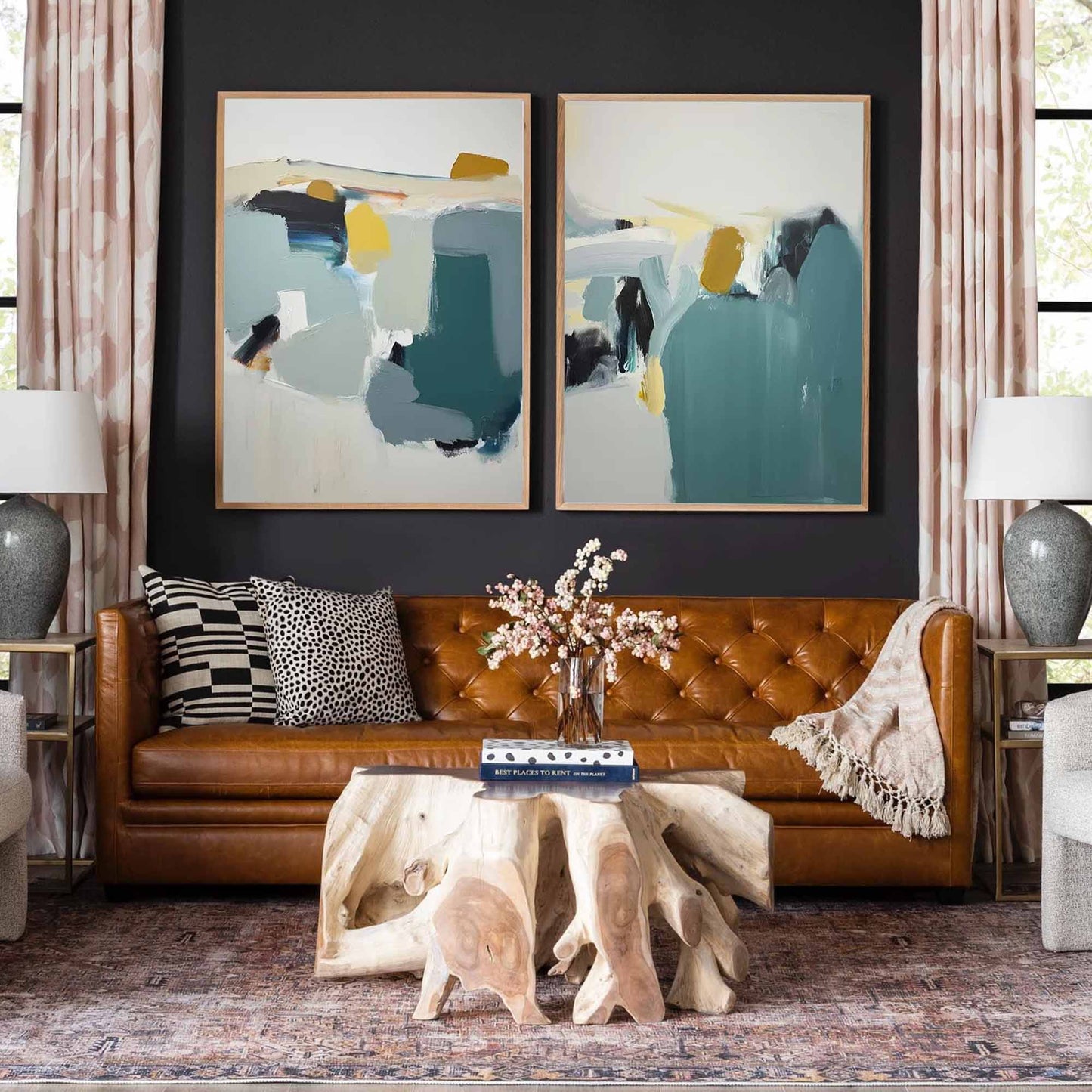 Muted Hills - Serene Green and Yellow Diptych Wall Art Set