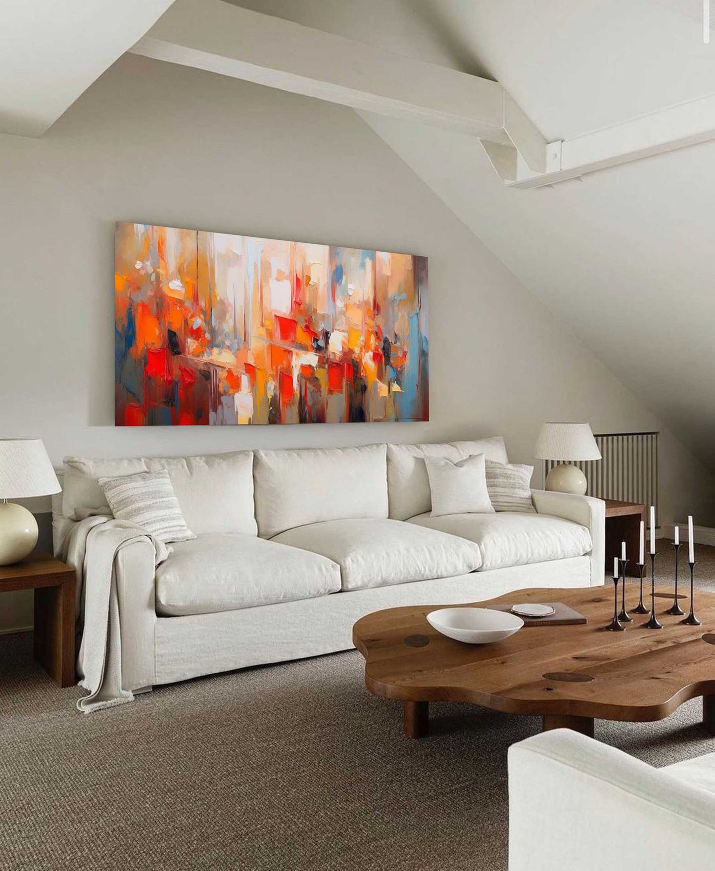 Urban Glow - Abstract Cityscape Oil Painting, Large Horizontal Art