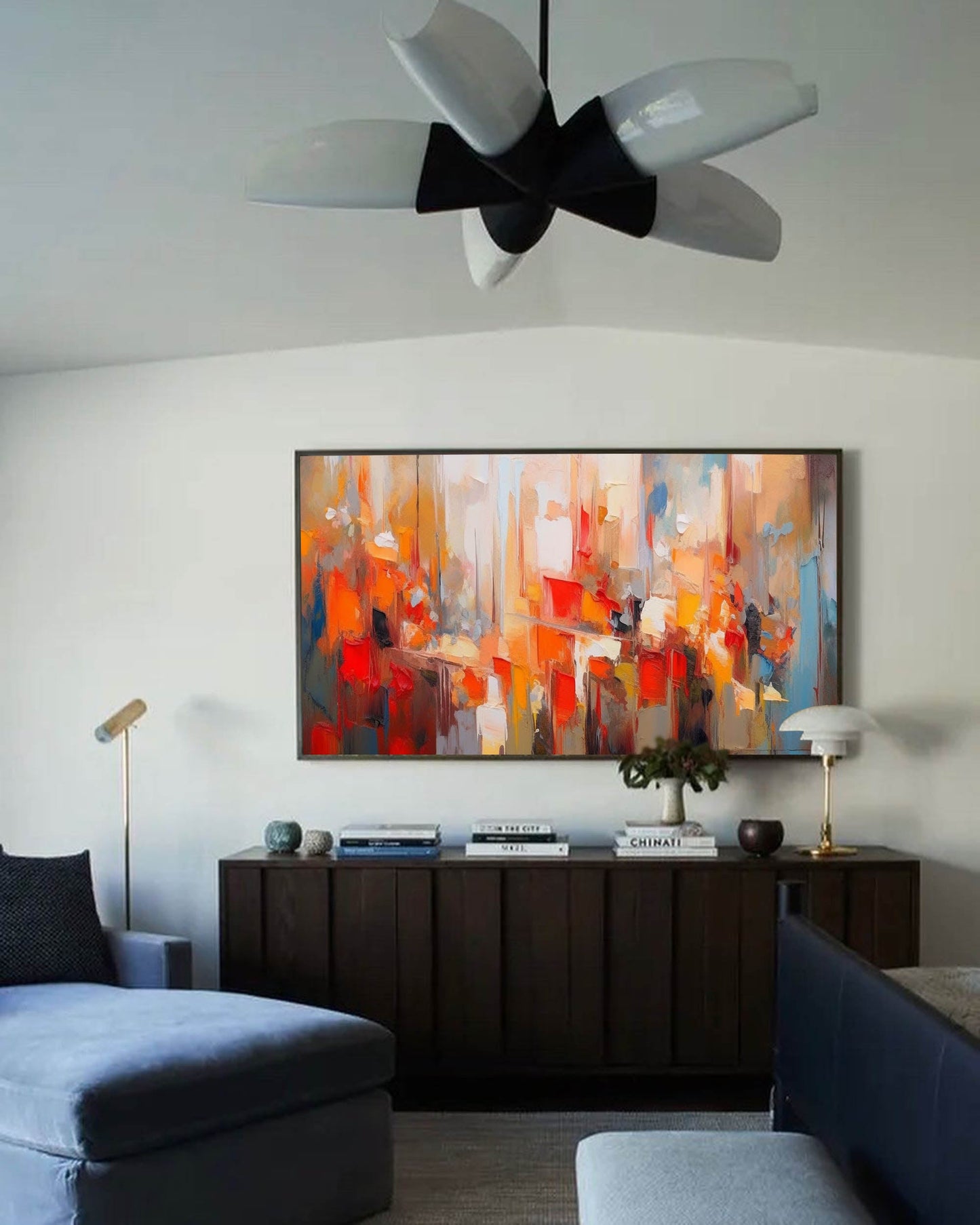 Urban Glow - Abstract Cityscape Oil Painting, Large Horizontal Art
