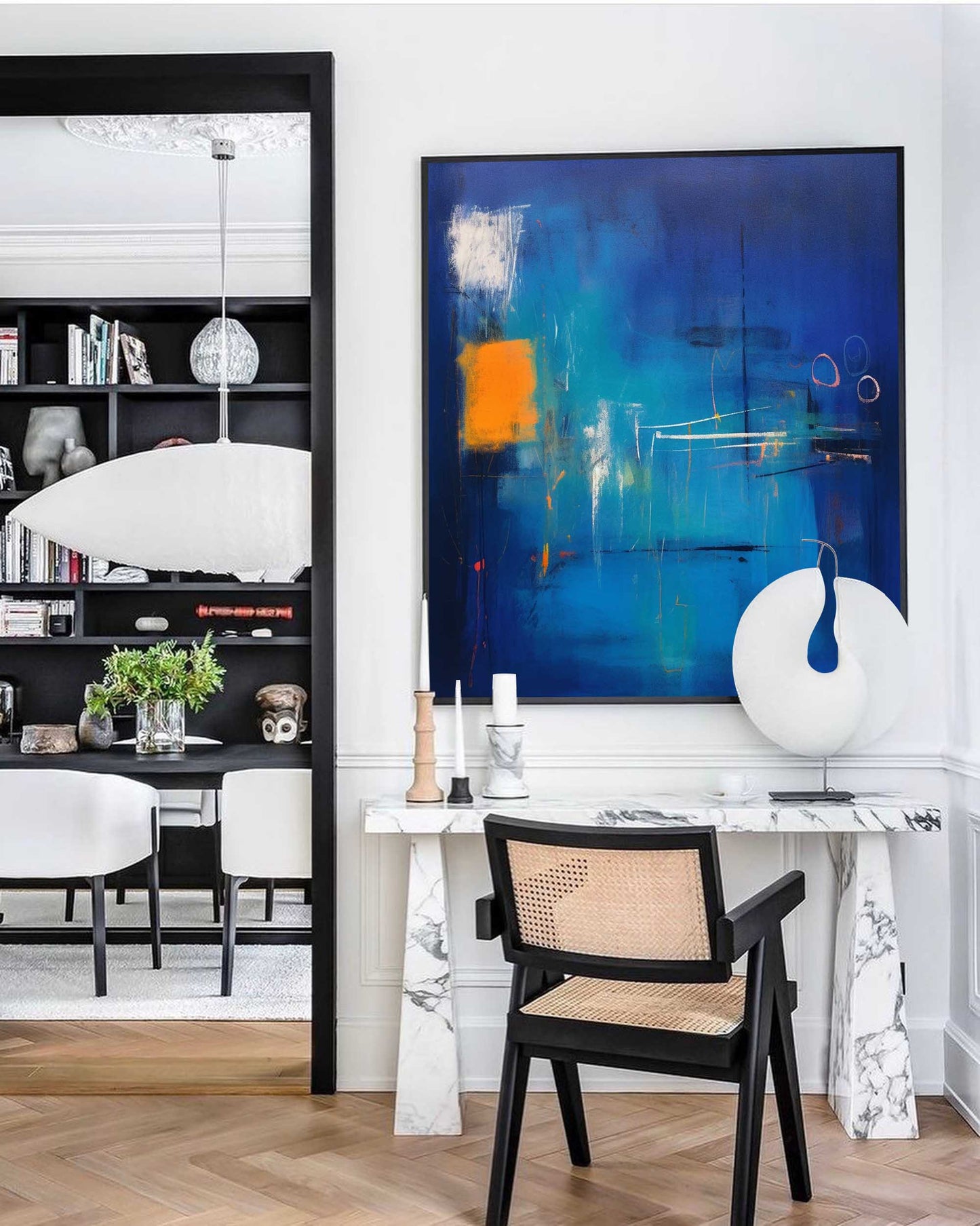 Nocturne in Orange - Square Abstract Paintings Blue Canvas Art