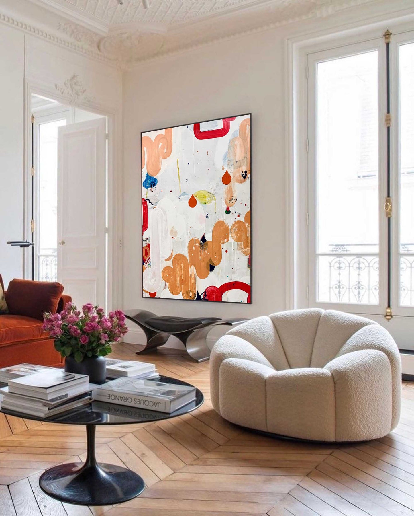 Fluid Play - Orange and White Modern Abstract Painting on Canvas