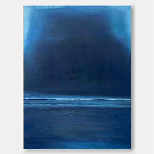 Midnight Horizon - Minimalist Dark Ocean Painting in Deep Blue