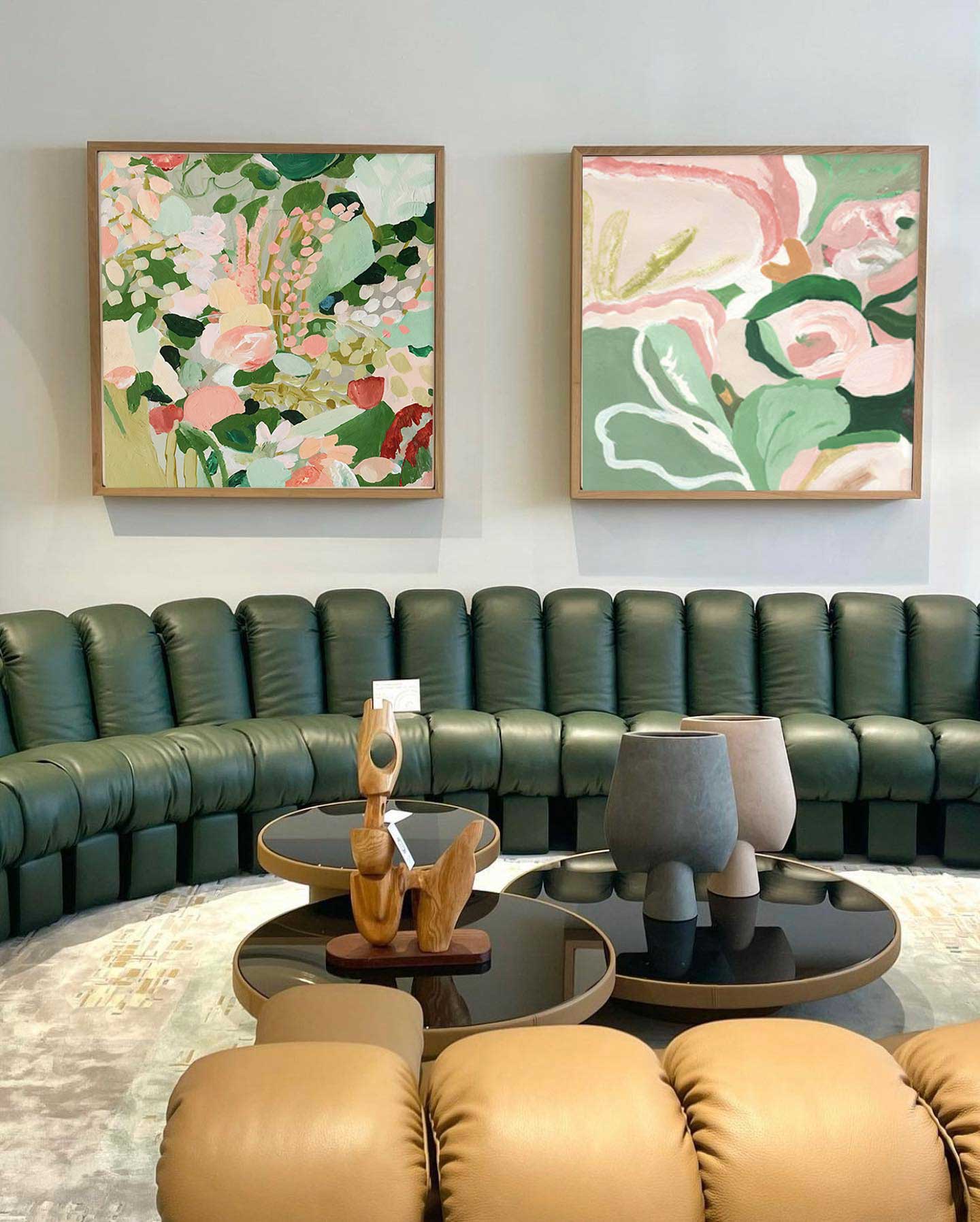 Garden in Bloom - Pink and Green Floral Canvas Wall Art Diptych