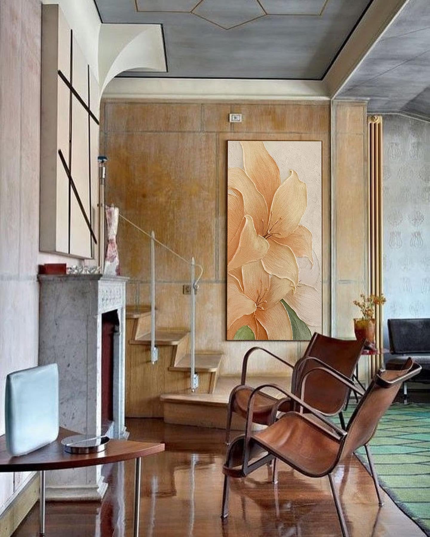 Elegant Blooms - Long Vertical Art of Textured Peach Flowers