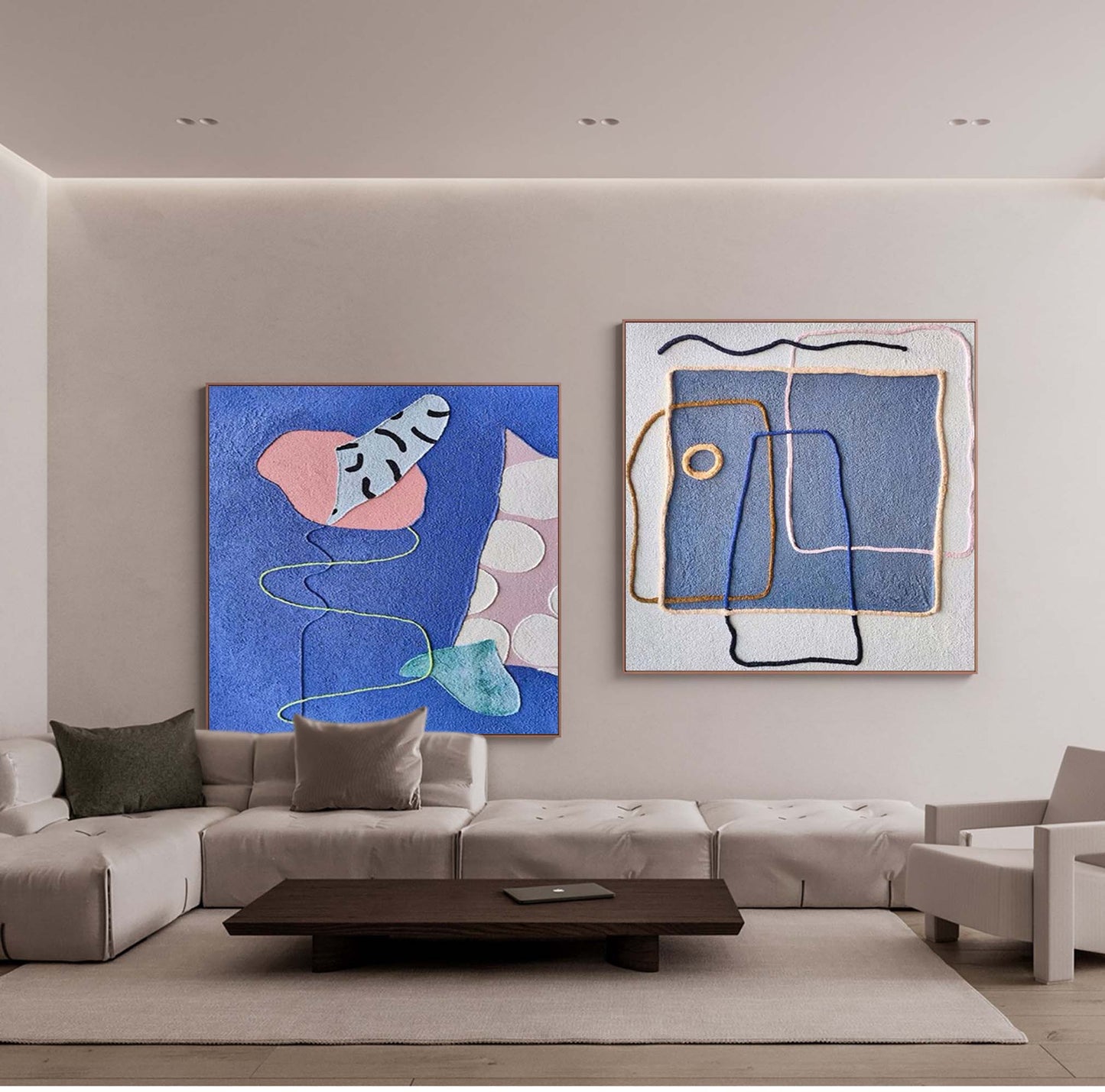 Playful Lines - Blue Wall Art Abstract Mixed Media Canvas Set