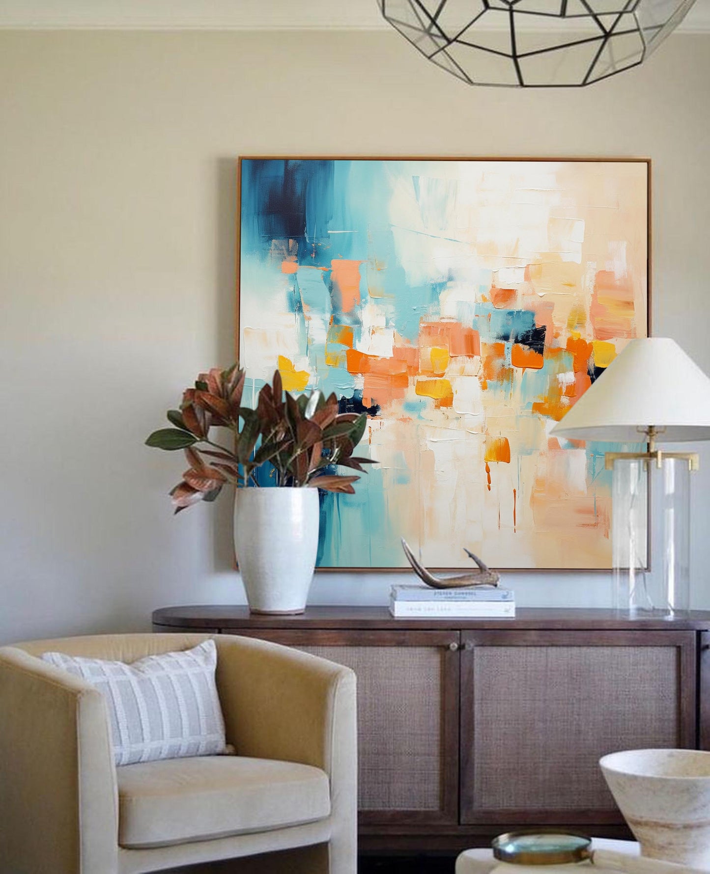 Urban Sunset - Abstract Teal Orange Wall Art, Large Expressionist Painting